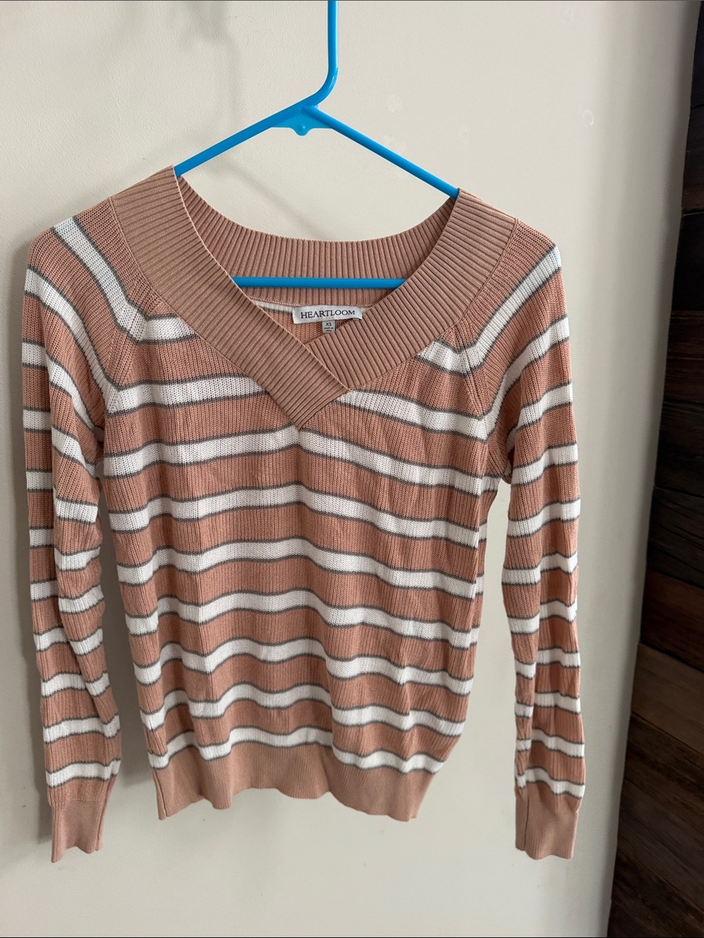 Heartloom Women's Striped V-Neck Sweater in Beige and White